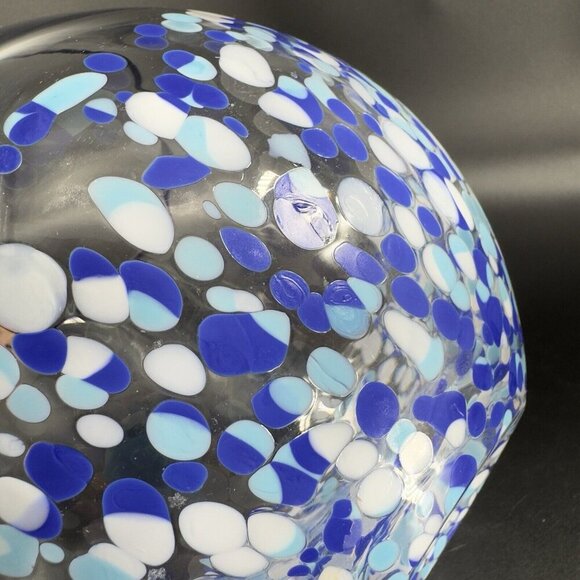 Hand Blown Large Glass Bowl Dish Round Clear Edges With White Blue Dots All Over - Picture 6 of 10